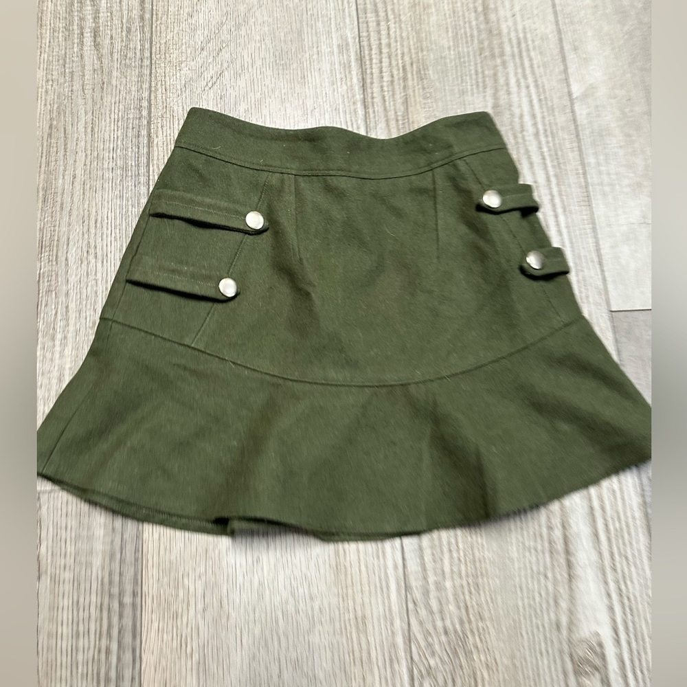 Five Plus Olive lined mini skirt pleated military style tick wool like strappy S